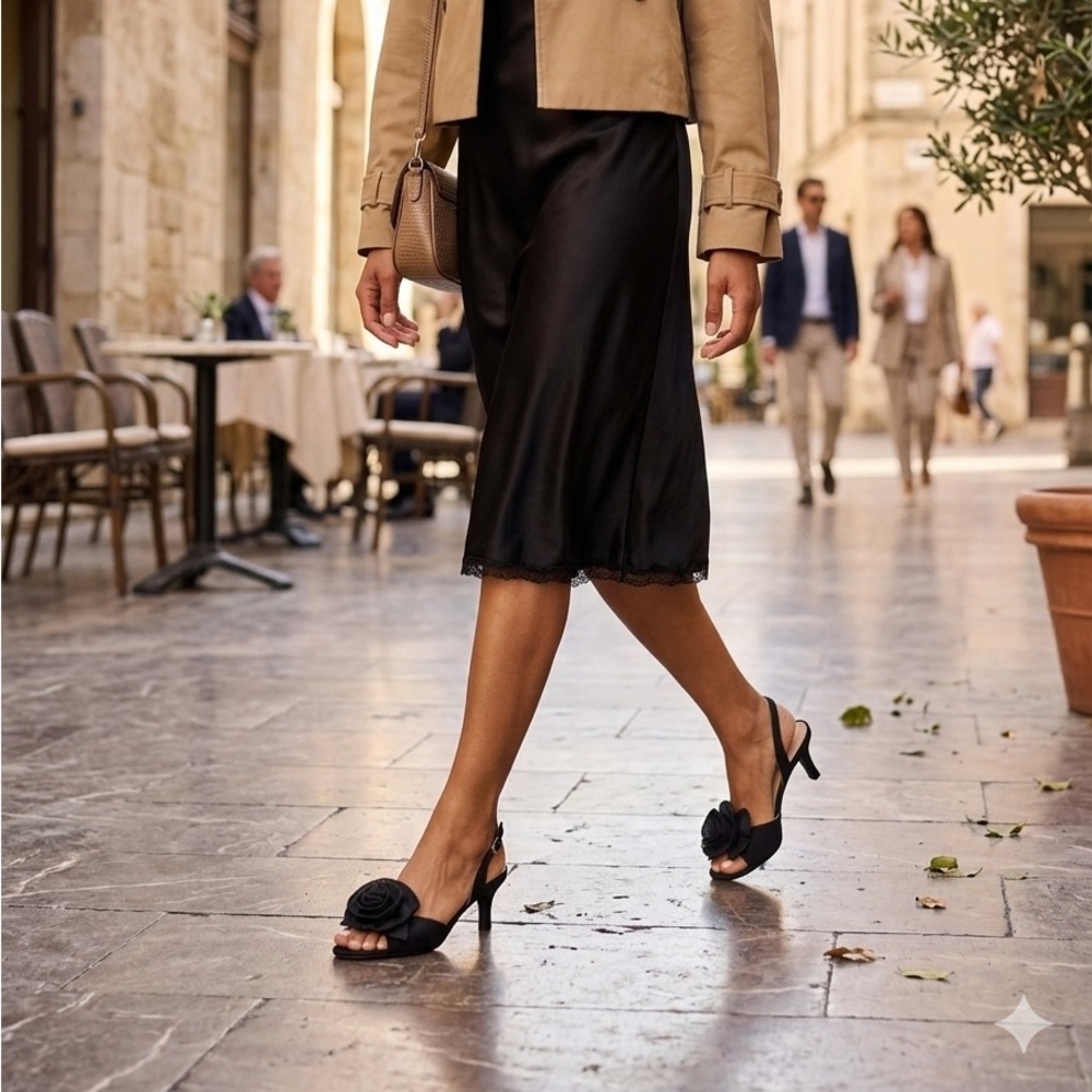 Bandolino Black Slingback Heels with Rosette